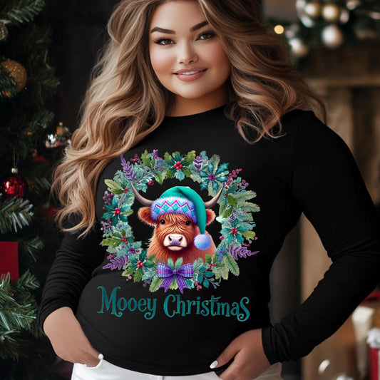 Mooey Christmas Highland Cow PNG – Festive Sublimation and DTF Print Design with Wreath & Mockups for DIY Crafting