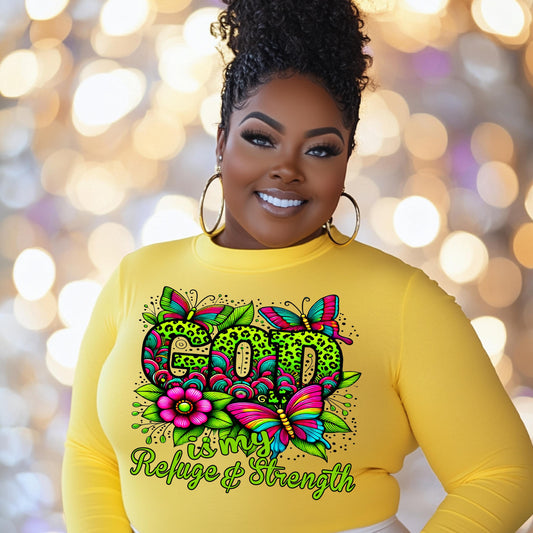 God Is My Refuge & Strength PNG – Vibrant Butterfly and Floral Design for DTF and Sublimation Printing