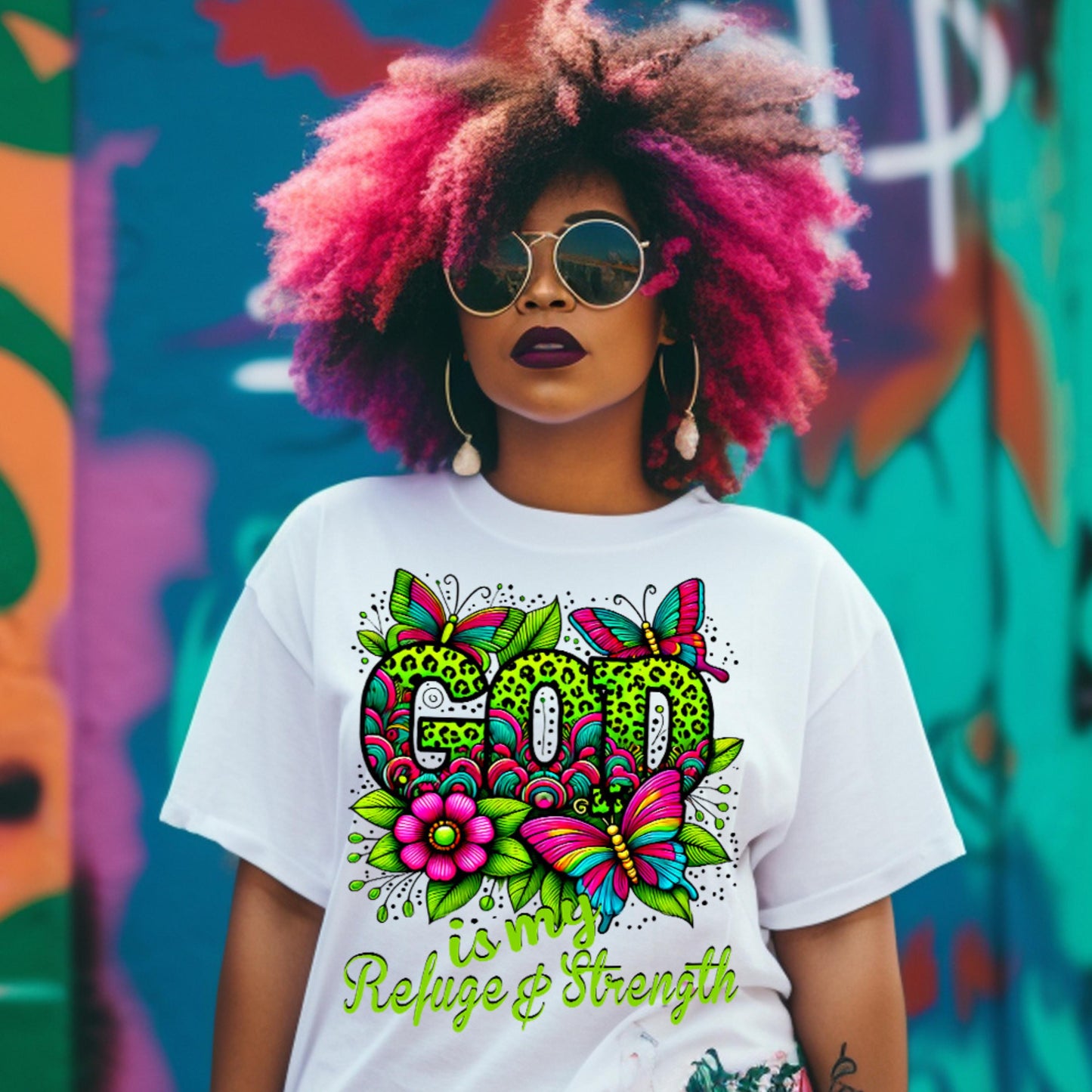 God Is My Refuge & Strength DTF Transfer – Vibrant Floral Butterfly Faith Design for Cotton and Polyester Apparel