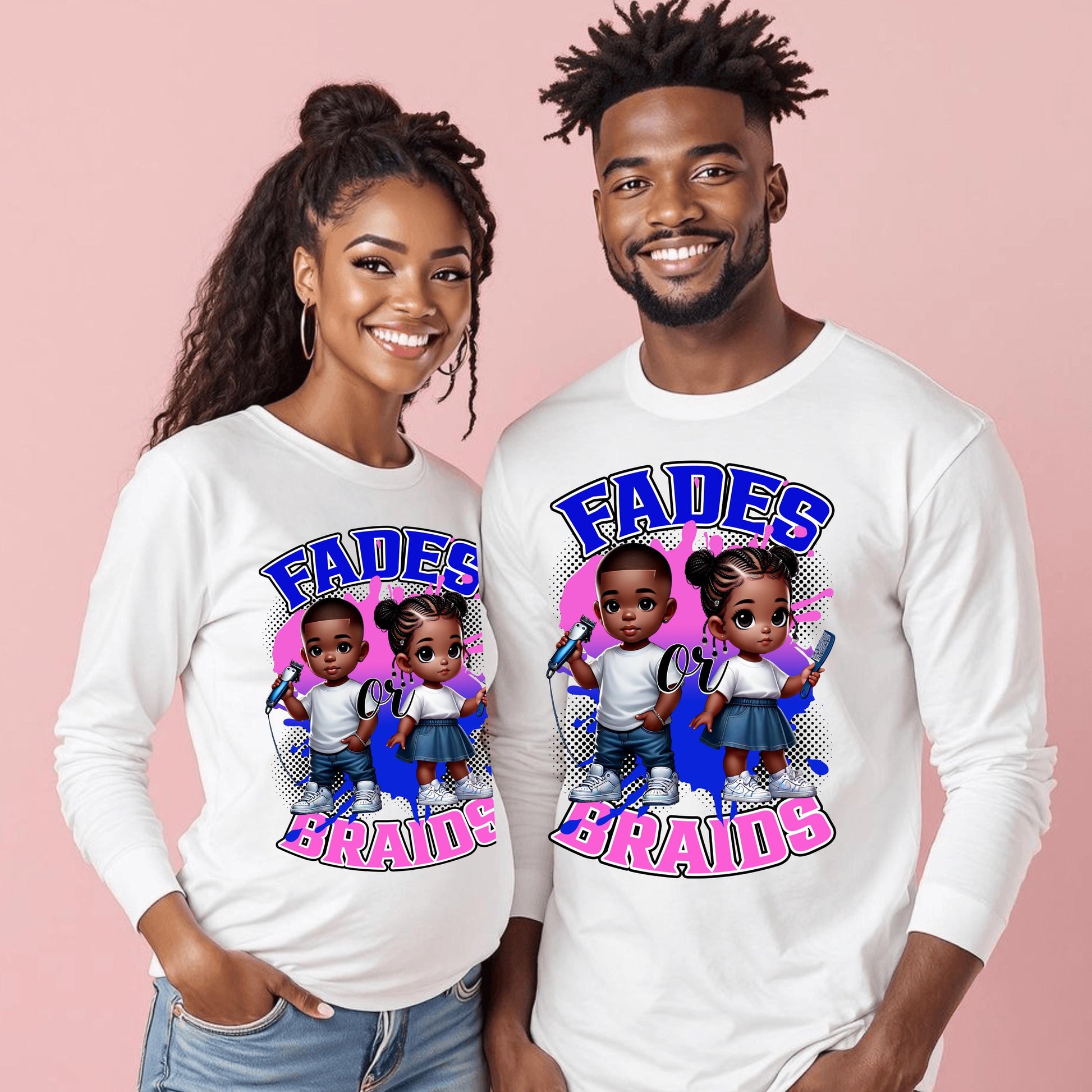 Fades or Braids DTF Transfer – Ready to Press Gender Reveal Design for Cotton & Polyester Apparel