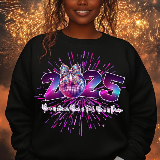 2025 Disco Ball Sweatshirt - Year of Grace, Faith, Praise - Cozy 100% Cotton New Year Sweatshirt for Women - Celebration Crewneck