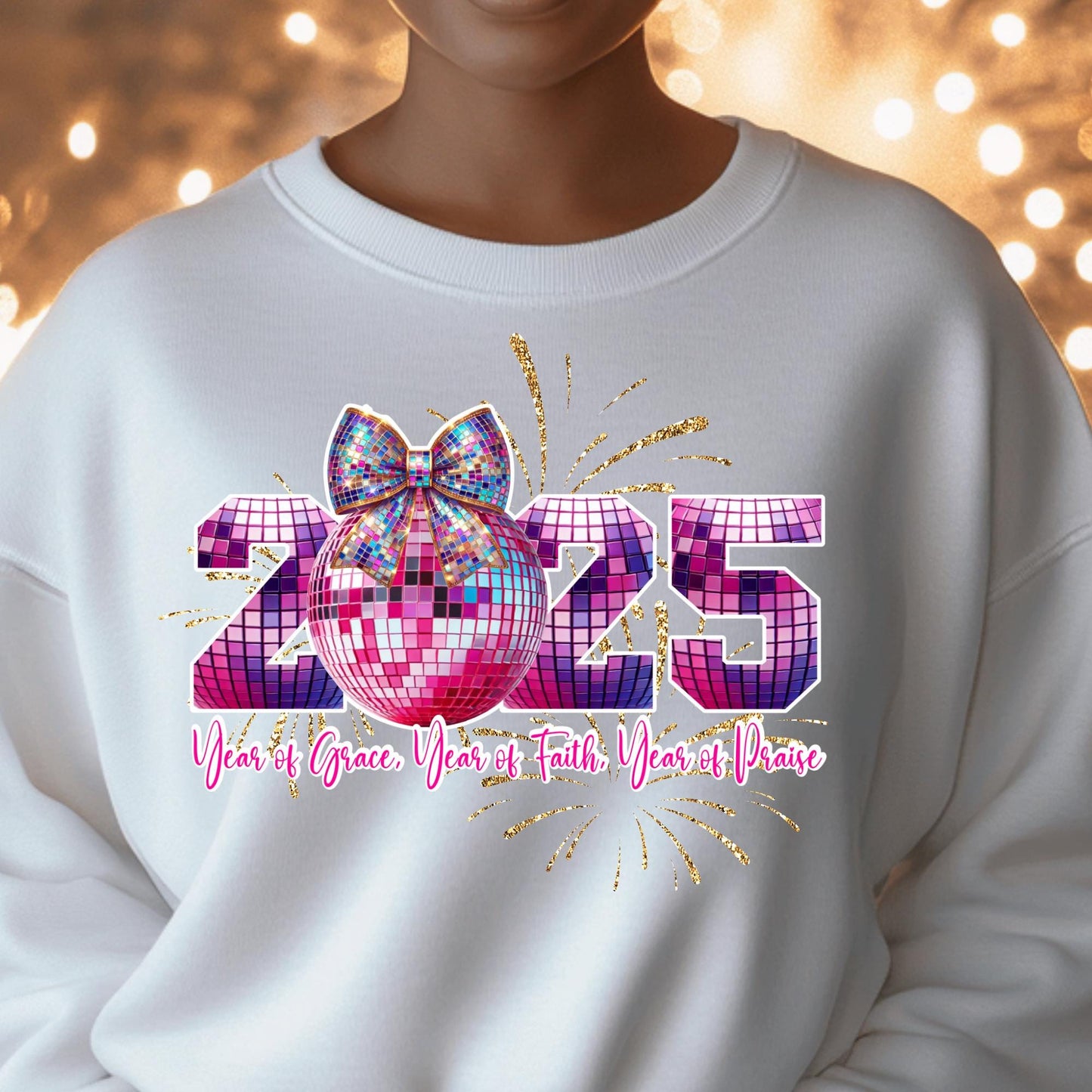 2025 Disco Ball Sweatshirt - Year of Grace, Faith, and Praise - 100% Cotton New Year Crewneck for Women - Sparkling Celebration Shirt