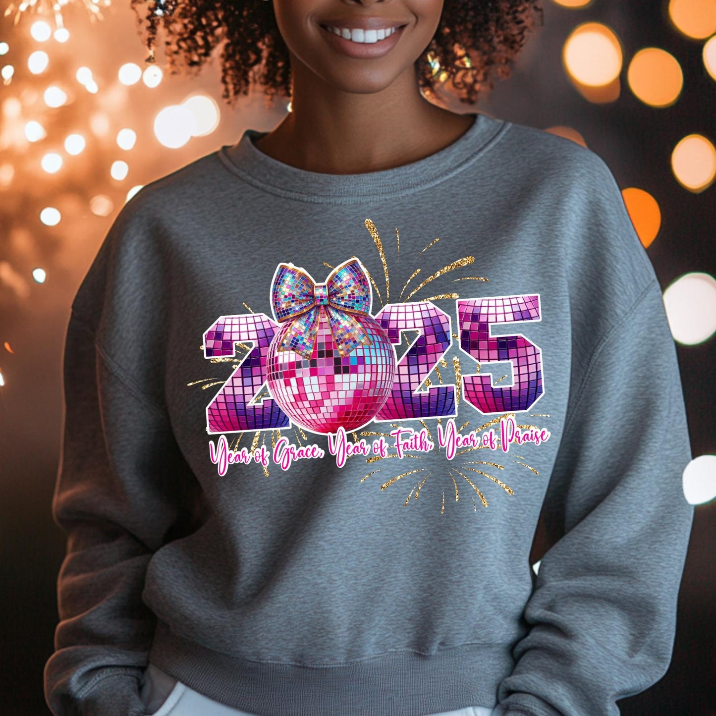 2025 Disco Ball Sweatshirt - Year of Grace, Faith, and Praise - 100% Cotton New Year Crewneck for Women - Sparkling Celebration Shirt