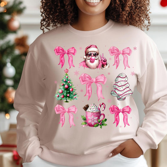 Pink Christmas Long Sleeve Shirt - Santa, Bows, Tree, and Cocoa Design - 100% Cotton Holiday Tee - Festive Women’s Christmas Shirt