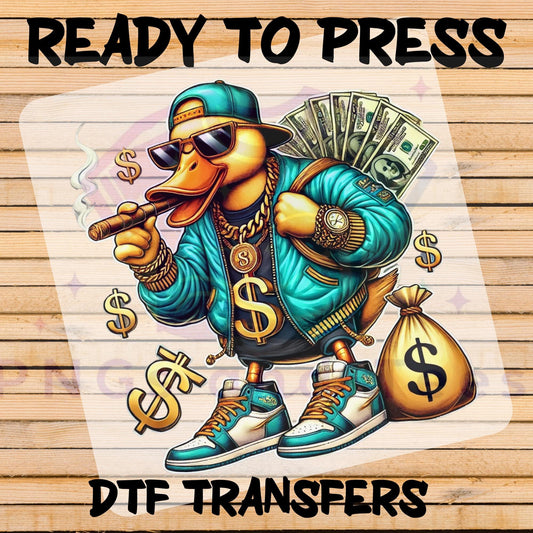 Money Duck DTF Transfer | Ready to Press | Hip Hop Cartoon Design for Custom Tees & Hoodies