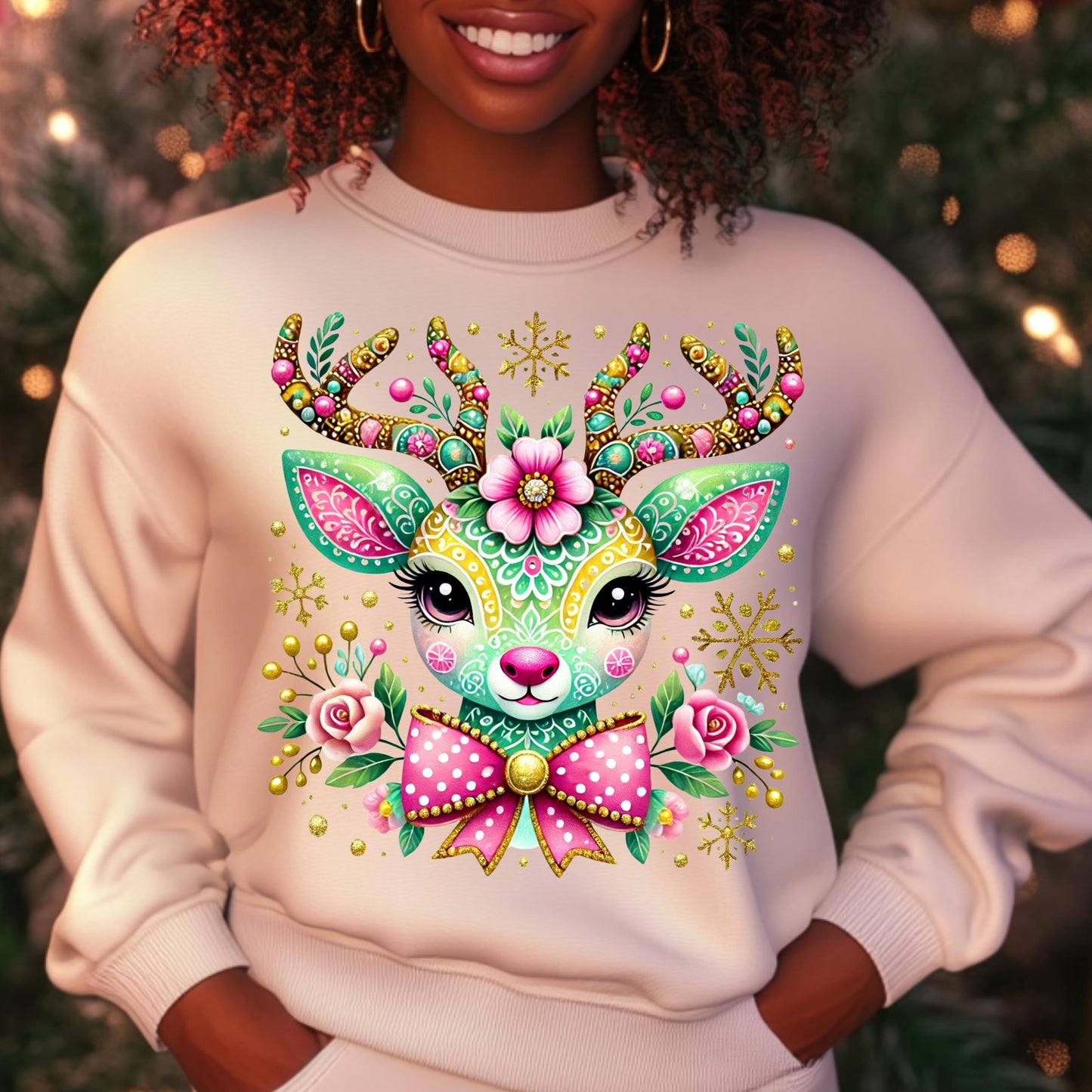 Colorful Floral Reindeer PNG for DTF & Sublimation | Christmas Design with Mockups Included