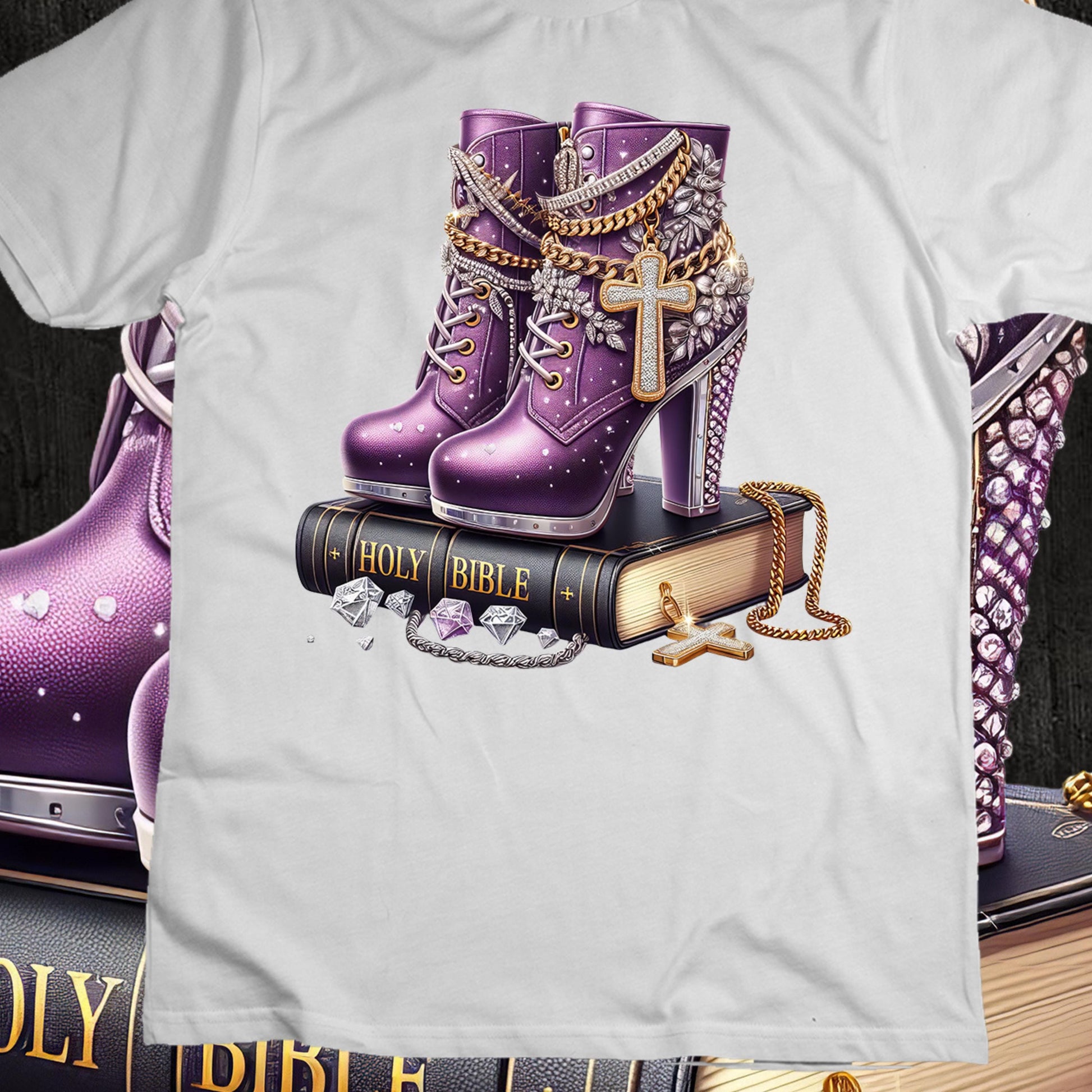 Faith & Fashion High Heels PNG | Purple Christian Sublimation and DTF Design | Holy Bible Mockups Included | Digital Download