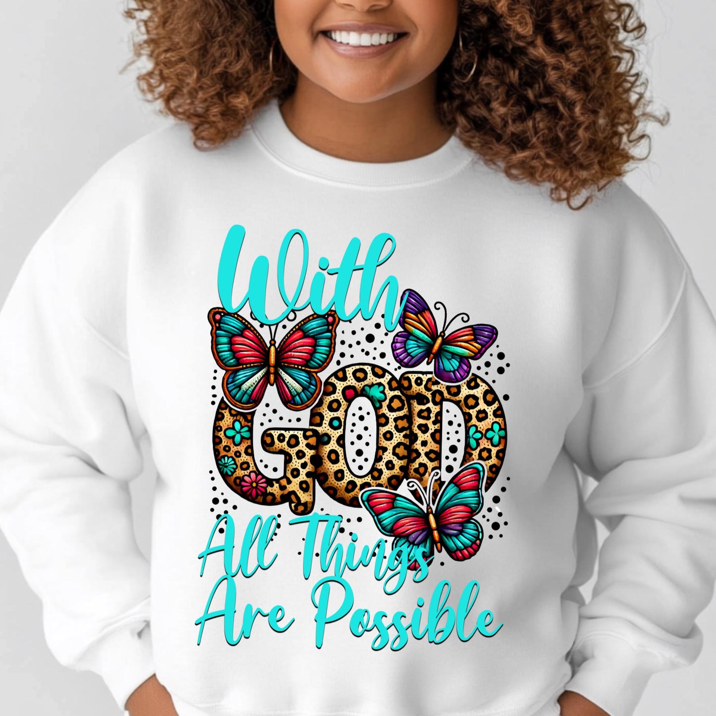 With God All Things Are Possible DTF Transfer | Leopard Print and Butterfly Design for Cotton, Polyester & Blends