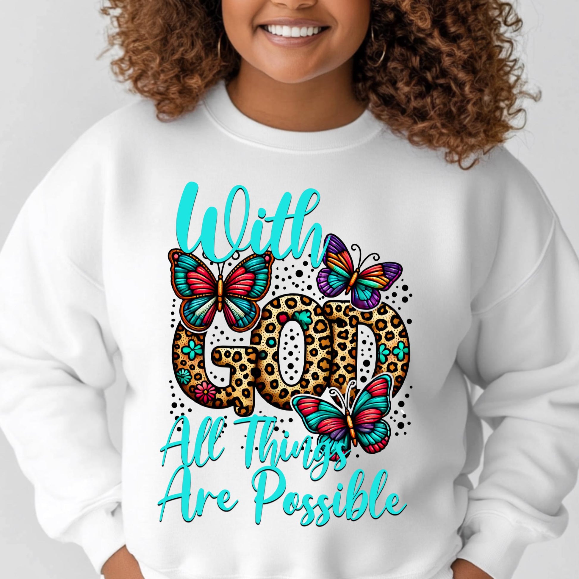 With God All Things Are Possible DTF Transfer | Leopard Print and Butterfly Design for Cotton, Polyester & Blends