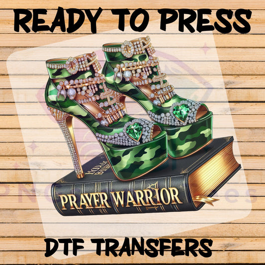 Prayer Warrior Heels DTF Transfer – Camo Stilettos with Bible Design for Cotton, Polyester & Blends