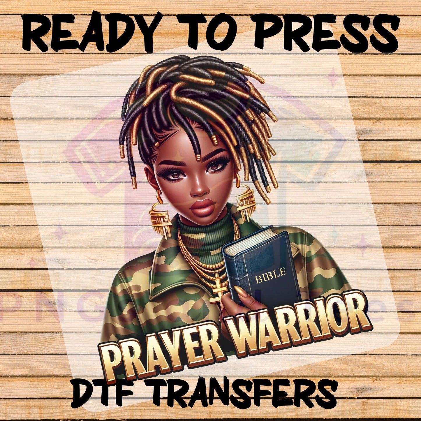 Prayer Warrior Camo DTF Transfer – Bible and Braided Hair Design for Cotton, Polyester and Blend Apparel