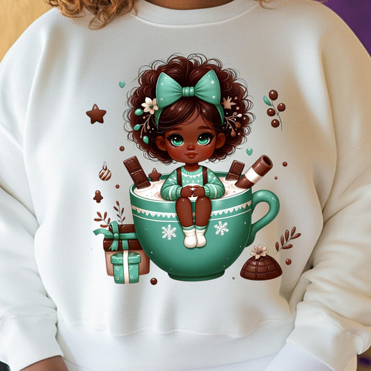 Adorable Hot Cocoa Girl PNG for DTF & Sublimation – Holiday Digital Design with Mockups