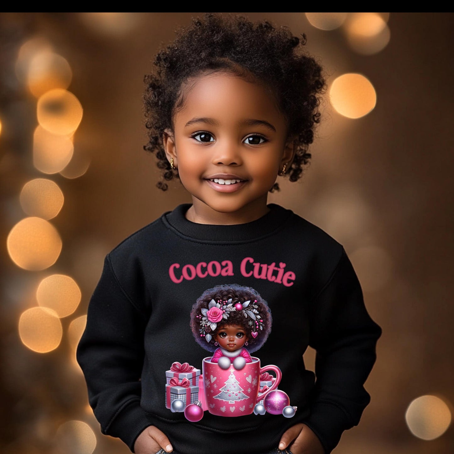 Cocoa Cutie Christmas PNG – Adorable Afro Girl Holiday Design for DTF & Sublimation with Mockups"