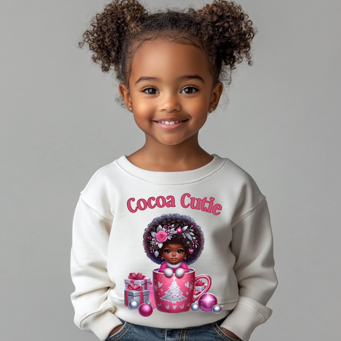 Cocoa Cutie Christmas PNG – Adorable Afro Girl Holiday Design for DTF & Sublimation with Mockups"