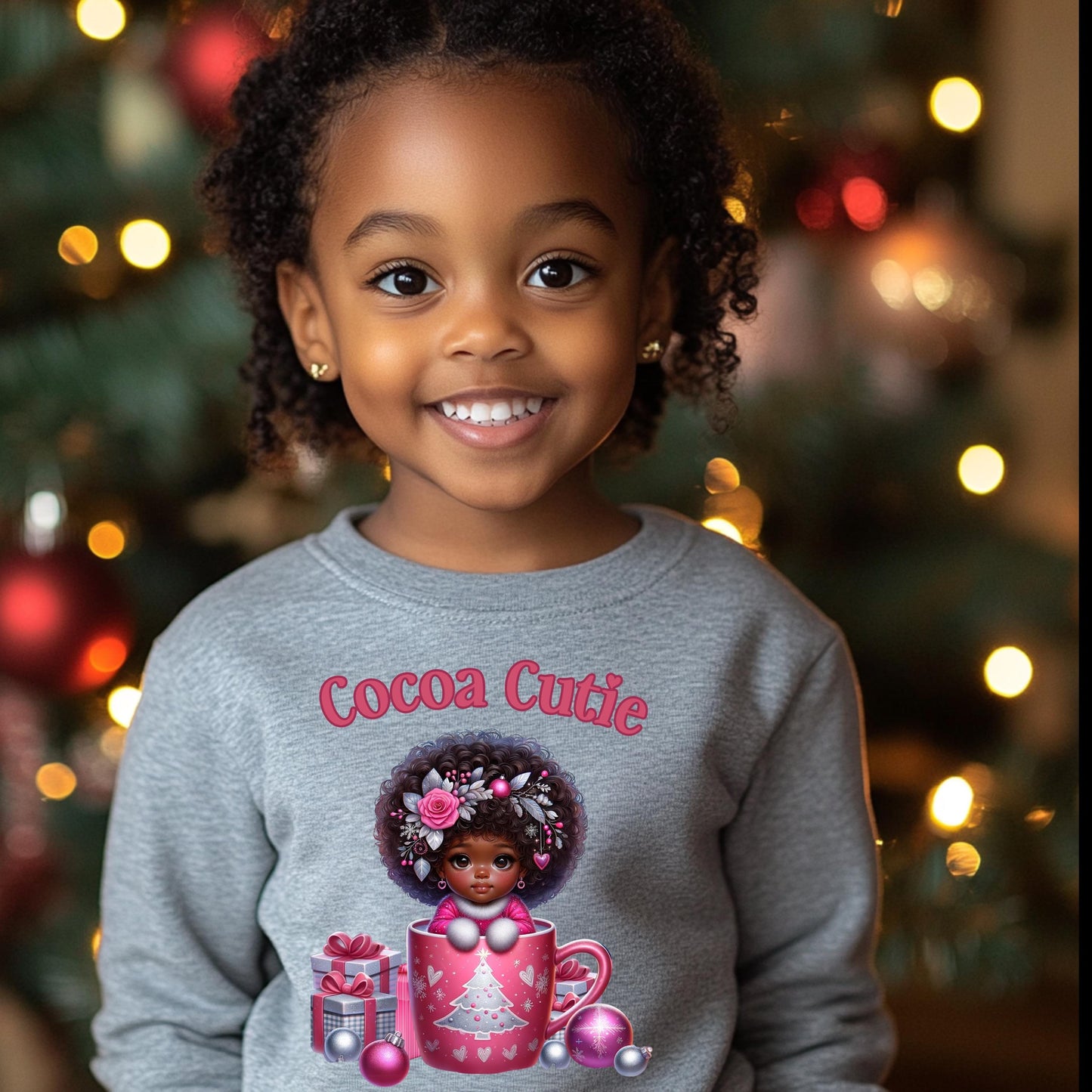 Cocoa Cutie Christmas PNG – Adorable Afro Girl Holiday Design for DTF & Sublimation with Mockups"