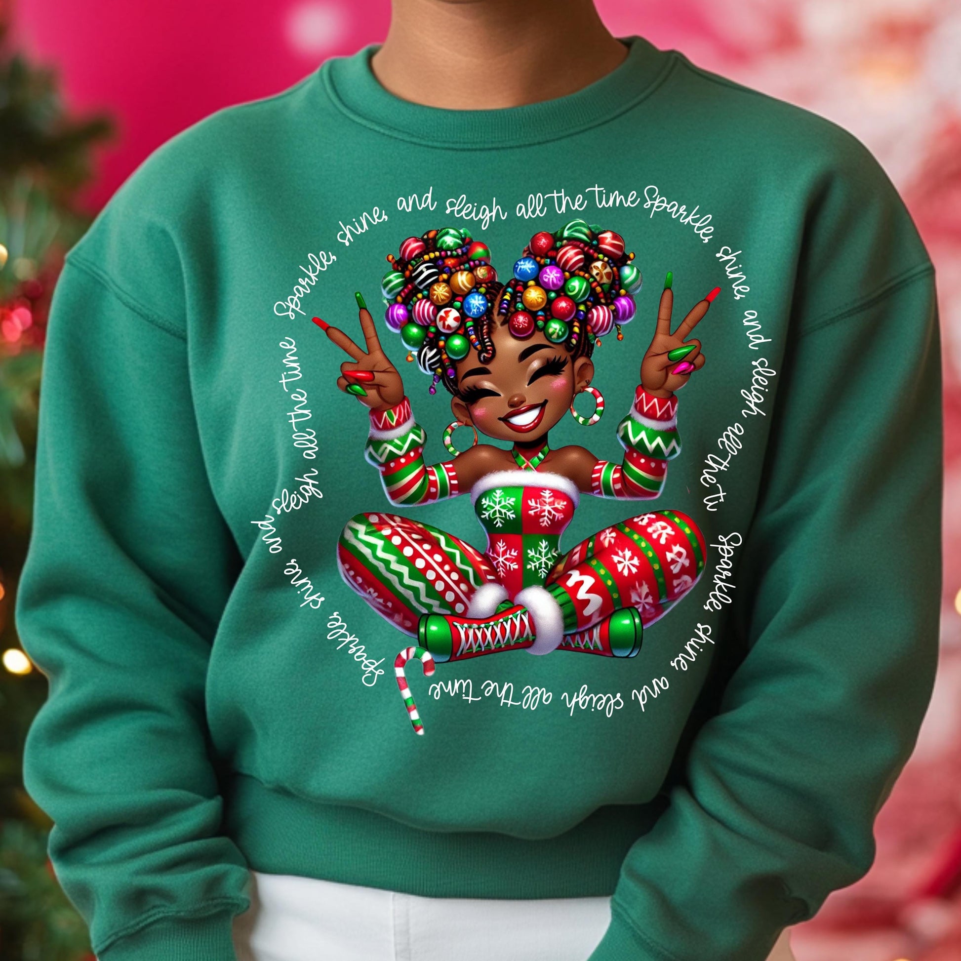 Sparkle, Shine, and Sleigh DTF Transfer | Christmas Afro Diva Heat Press Design | Festive Holiday Apparel Art