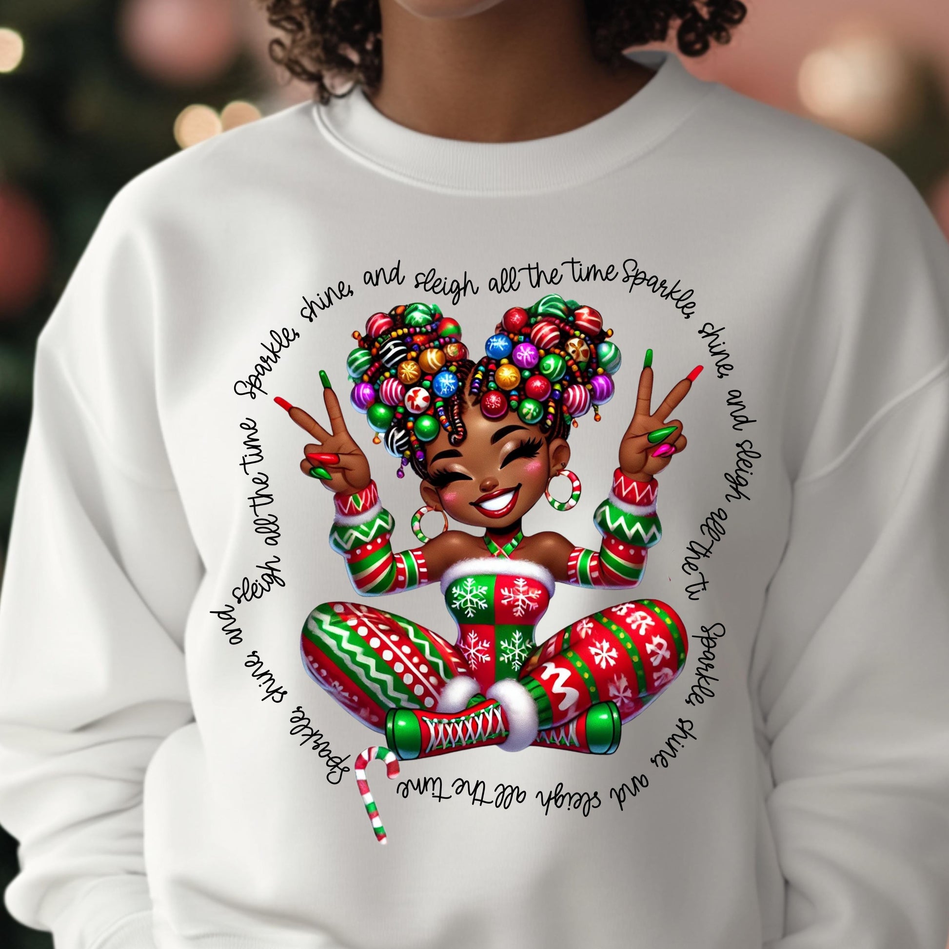 Afro Diva Sparkle Shine Sleigh DTF Transfer | Christmas Heat Press Design for Cotton & Polyester Apparel