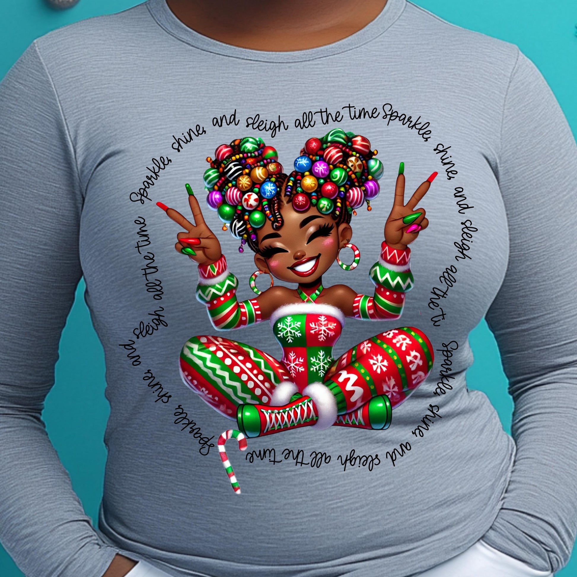 Afro Diva Sparkle Shine Sleigh DTF Transfer | Christmas Heat Press Design for Cotton & Polyester Apparel