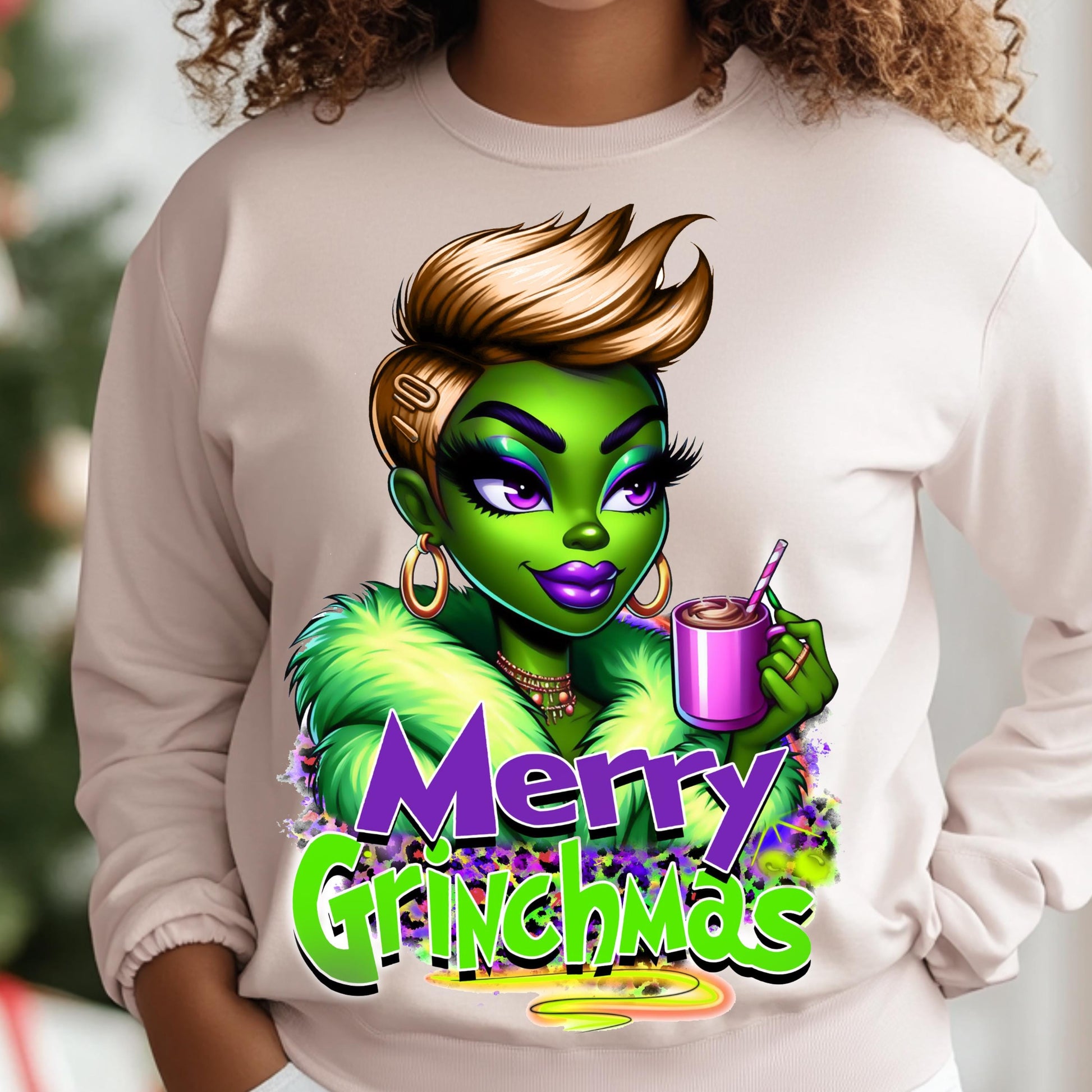 Merry Grinchmas Blonde Diva DTF Transfer - Holiday Ready-to-Press Christmas Design for Cotton & Polyester Apparel