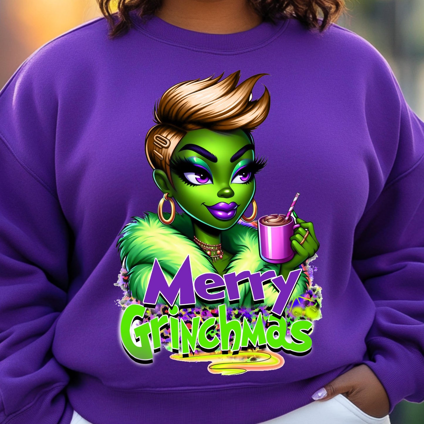 Merry Grinchmas Blonde Diva DTF Transfer - Holiday Ready-to-Press Christmas Design for Cotton & Polyester Apparel