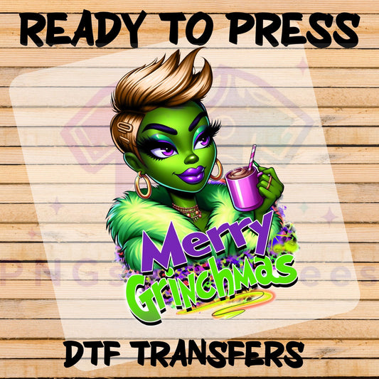 Merry Grinchmas Blonde Diva DTF Transfer - Holiday Ready-to-Press Christmas Design for Cotton & Polyester Apparel