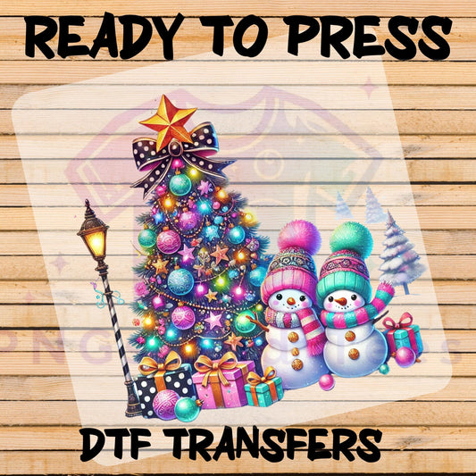 Festive Christmas Tree and Snowmen DTF Transfer – Holiday Design for Cotton and Polyester Apparel