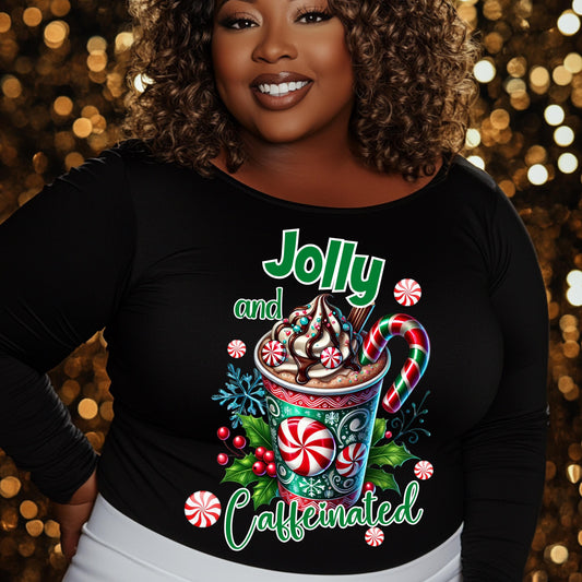 Jolly and Caffeinated PNG – Christmas Hot Cocoa Sublimation & DTF Design with Peppermint Candy