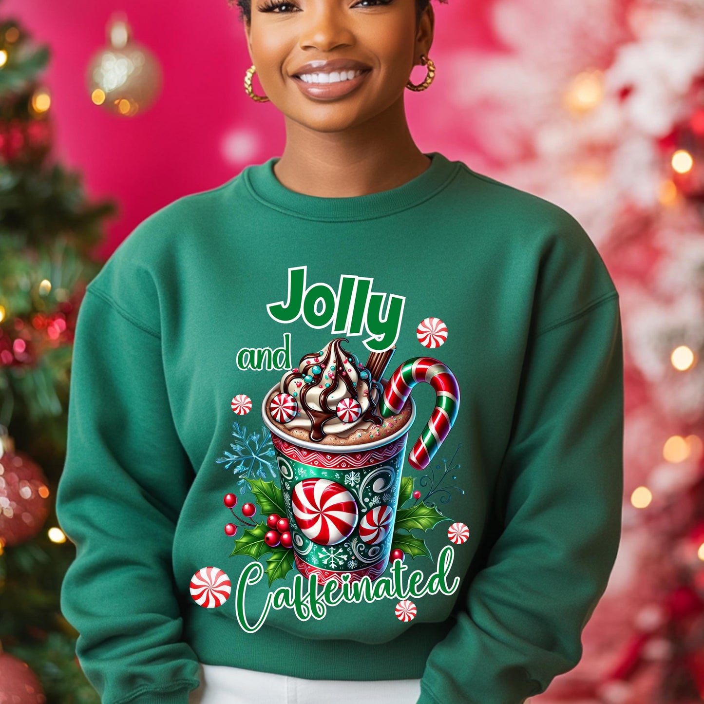 Jolly and Caffeinated DTF Transfer – Festive Christmas Hot Cocoa Design for Cotton & Polyester Apparel