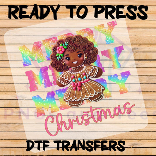 Merry Christmas Afro Gingerbread Girl DTF Transfer | Rainbow Holiday Design for Cotton & Polyester Apparel