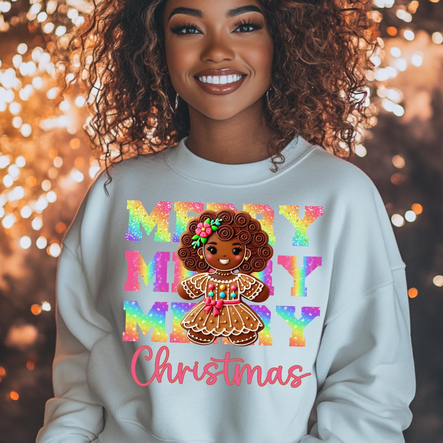 Merry Christmas Afro Gingerbread Girl DTF Transfer | Rainbow Holiday Design for Cotton & Polyester Apparel