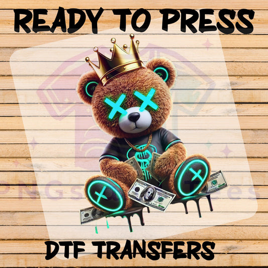 Royal Drip Teddy Bear DTF Transfer - Ready to Press for Cotton, Polyester & Blend Apparel