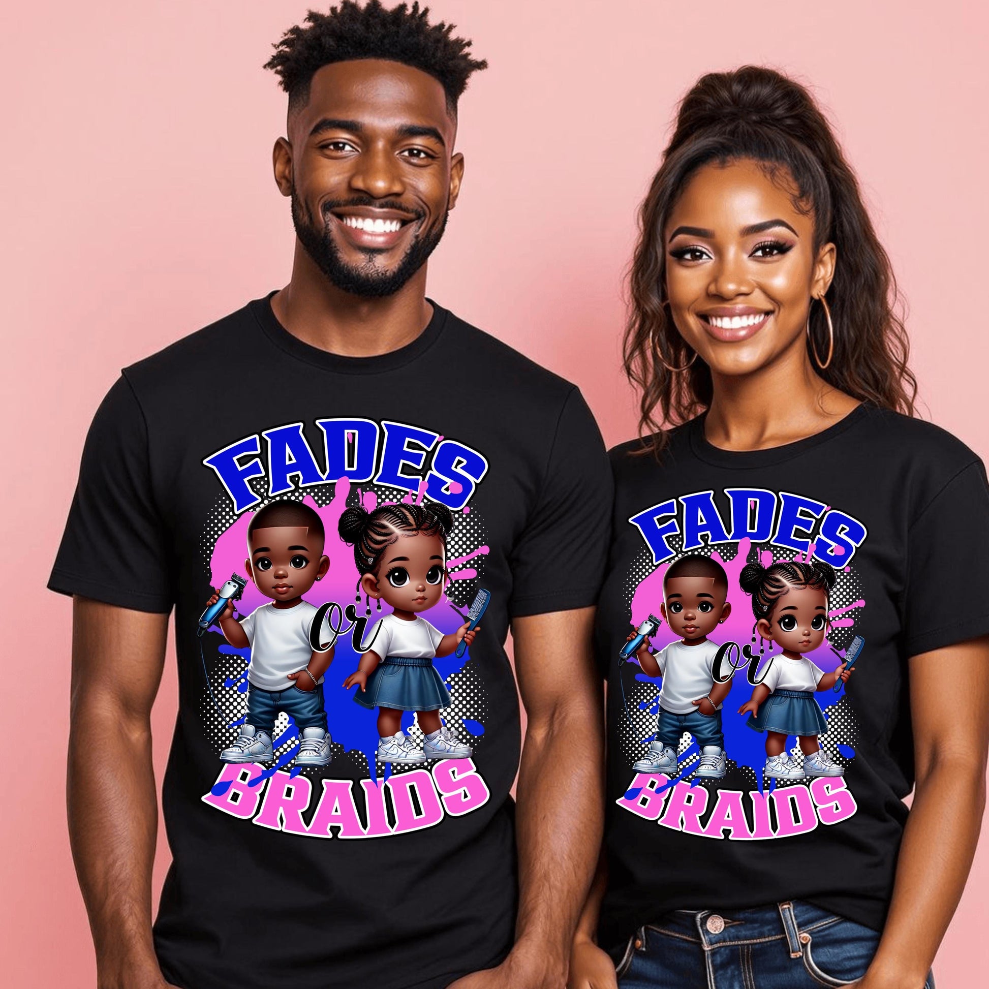 Fades or Braids DTF Transfer – Ready to Press Gender Reveal Design for Cotton & Polyester Apparel