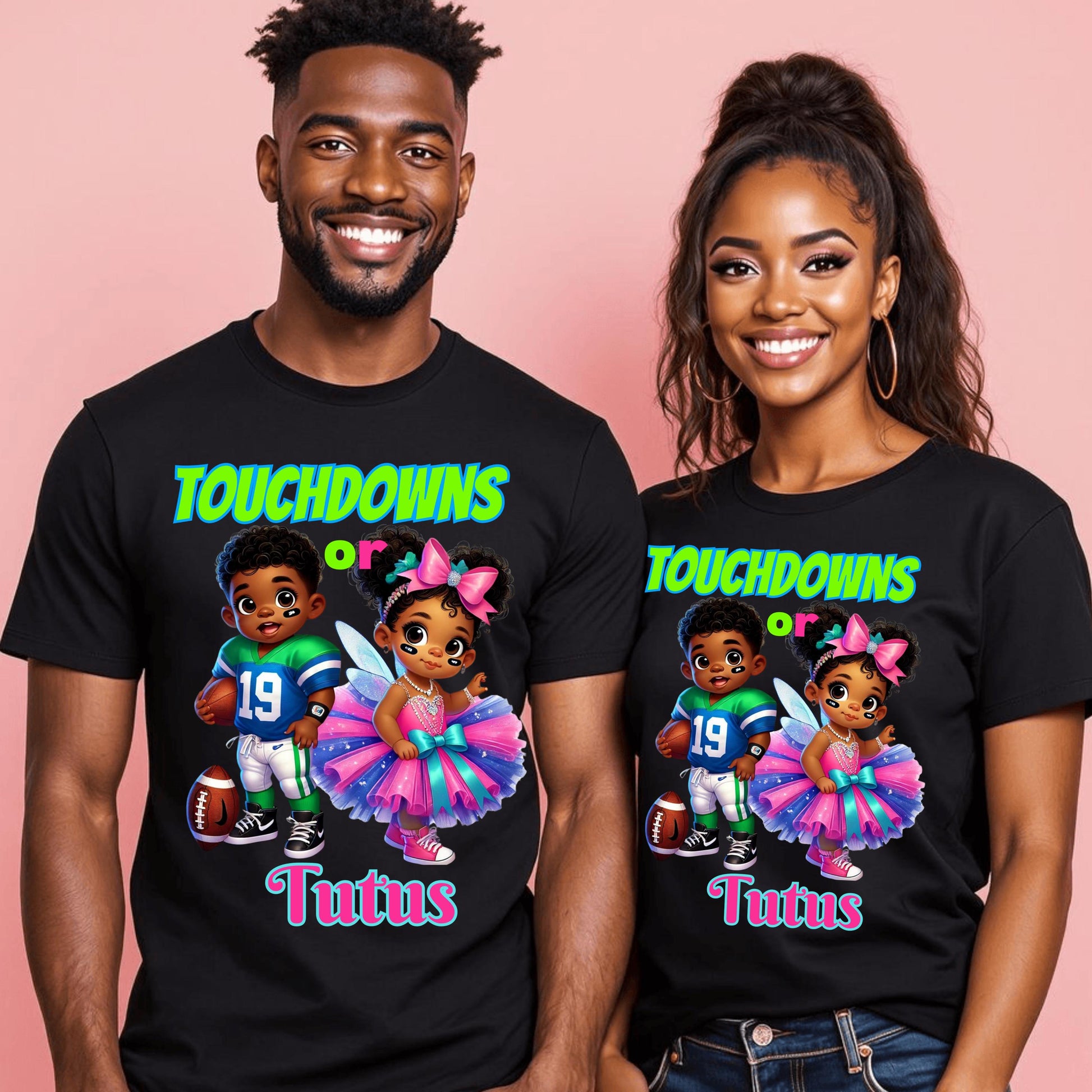 Touchdowns or Tutus DTF Transfer – Gender Reveal Ready-to-Press Design for Cotton & Polyester Apparel