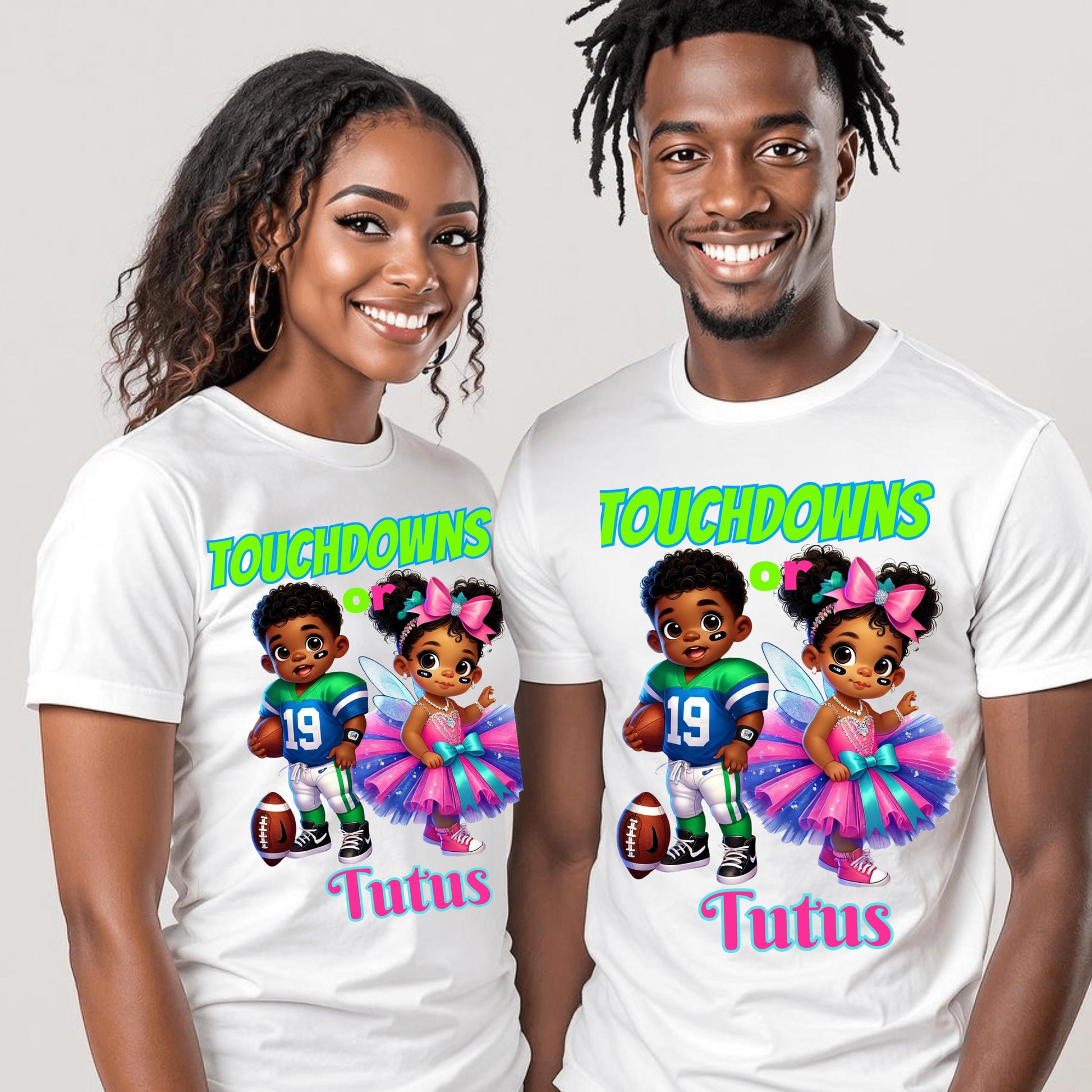 Touchdowns or Tutus DTF Transfer – Gender Reveal Ready-to-Press Design for Cotton & Polyester Apparel